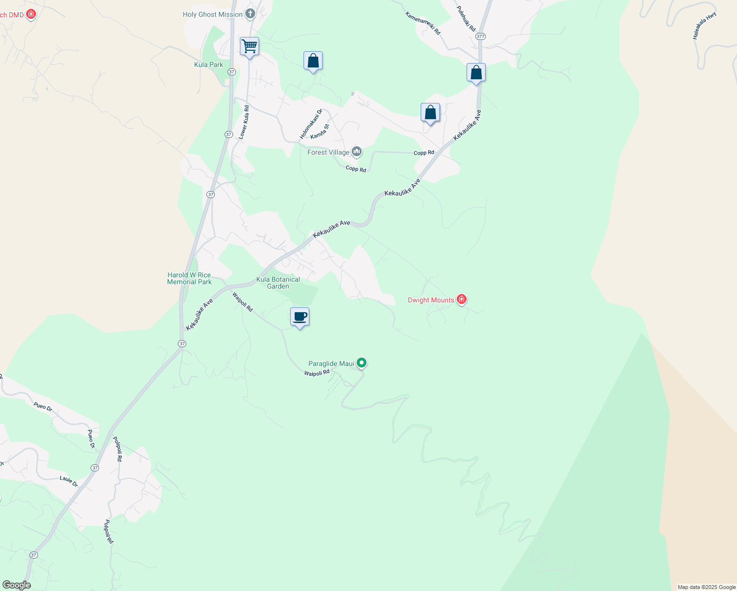 map of restaurants, bars, coffee shops, grocery stores, and more near 475 Alae Road in Kula