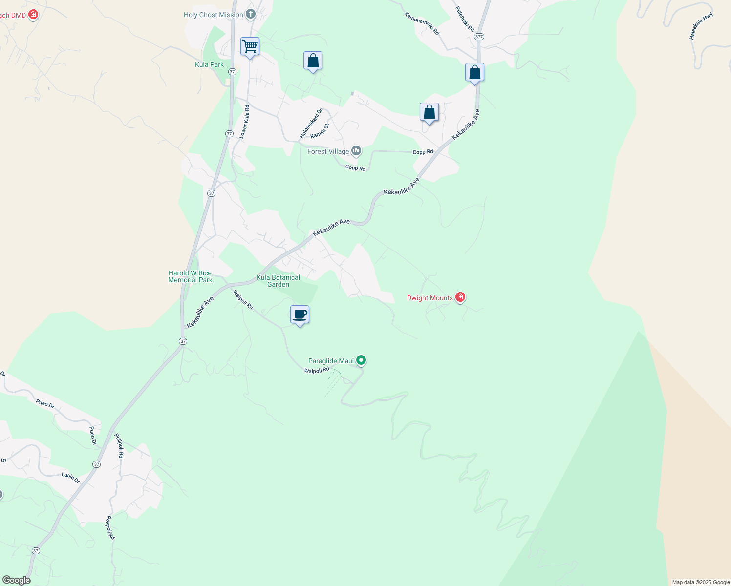 map of restaurants, bars, coffee shops, grocery stores, and more near 475 Alae Road in Kula