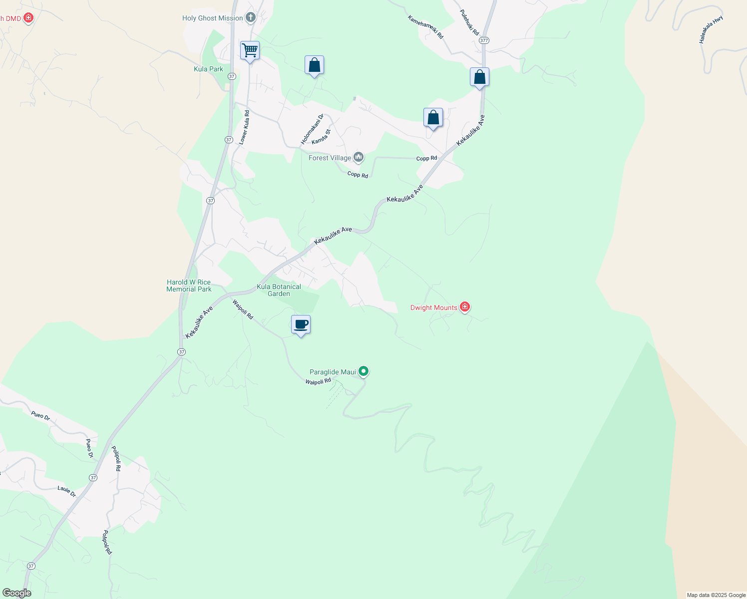 map of restaurants, bars, coffee shops, grocery stores, and more near 505 Alae Road in Kula