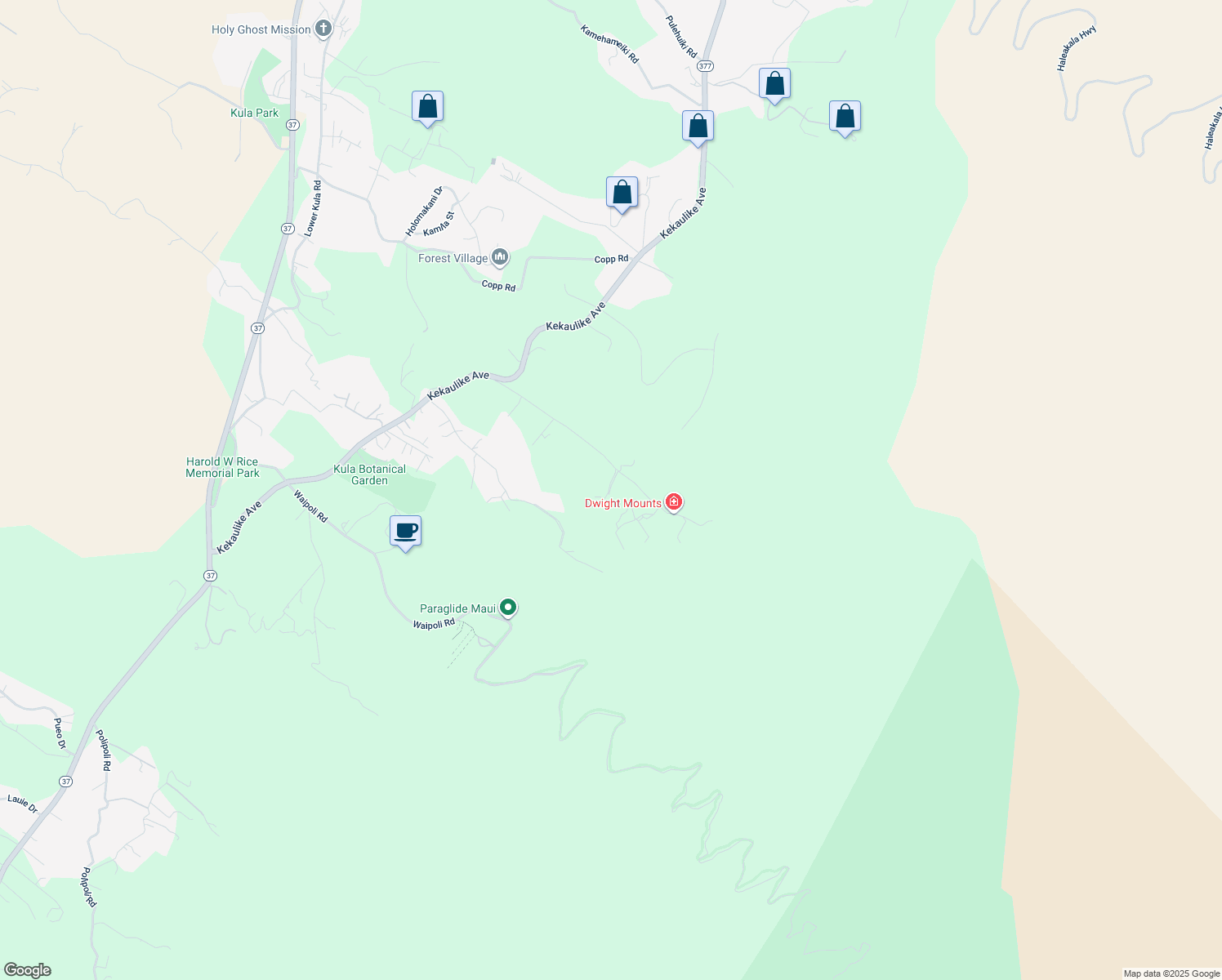 map of restaurants, bars, coffee shops, grocery stores, and more near 21 Kuulani Place in Kula