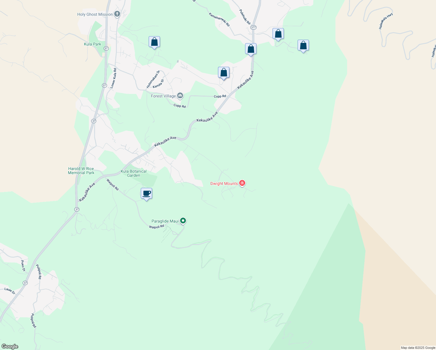 map of restaurants, bars, coffee shops, grocery stores, and more near 10 Kuulani Place in Kula