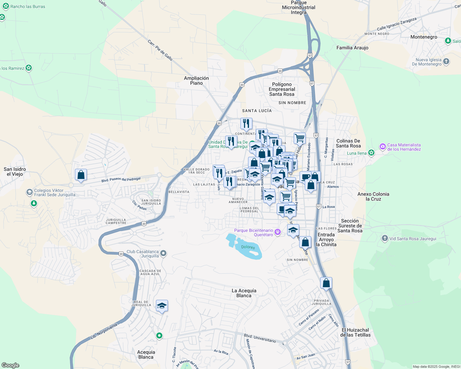map of restaurants, bars, coffee shops, grocery stores, and more near Querétaro in Santa Rosa Jáuregui