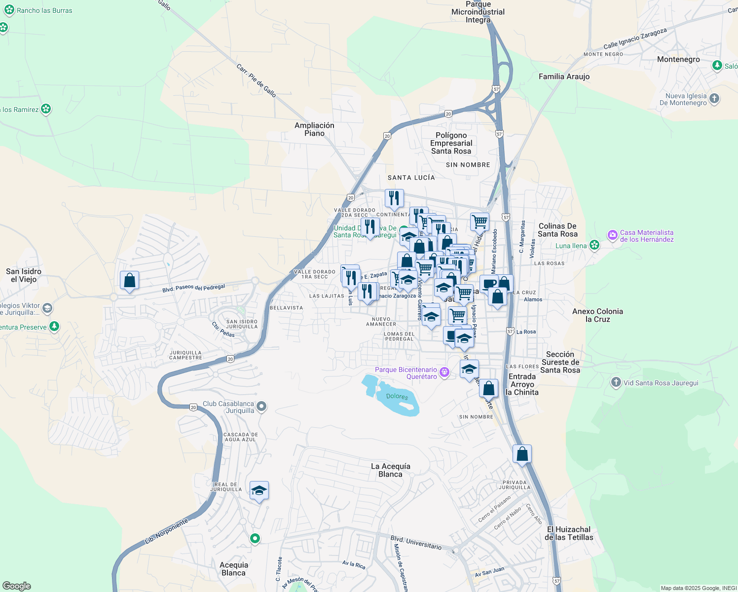 map of restaurants, bars, coffee shops, grocery stores, and more near Querétaro in Santa Rosa Jáuregui