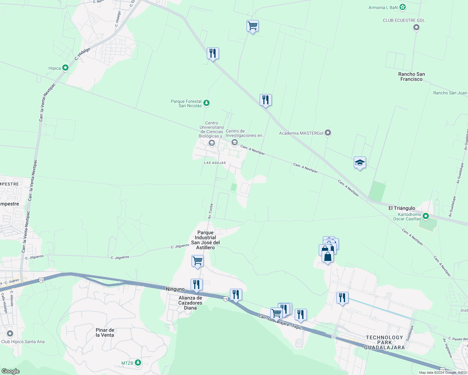 map of restaurants, bars, coffee shops, grocery stores, and more near Camino Ramón Padilla Sánchez in Zapopan