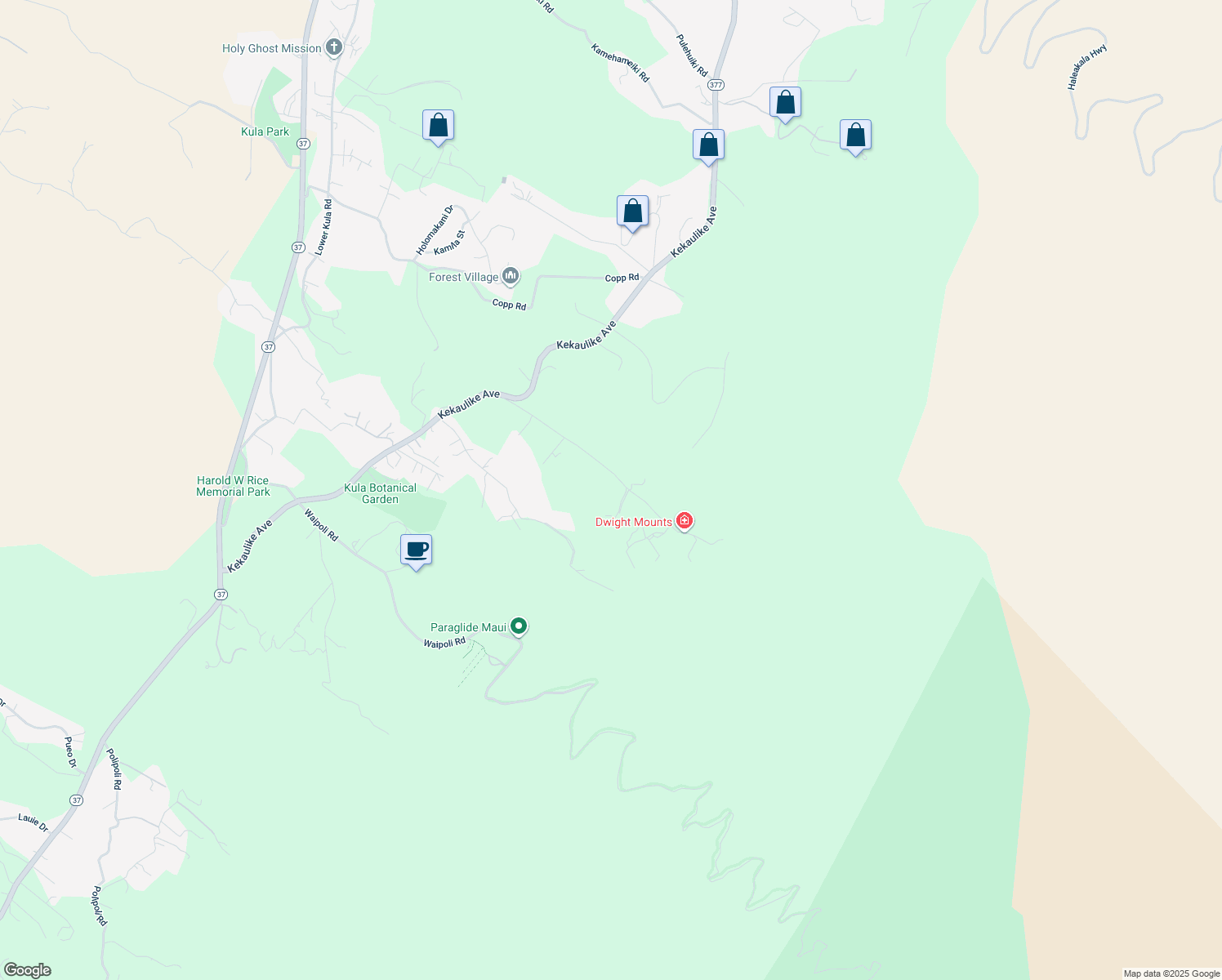 map of restaurants, bars, coffee shops, grocery stores, and more near 482 Waiakoa Road in Kula