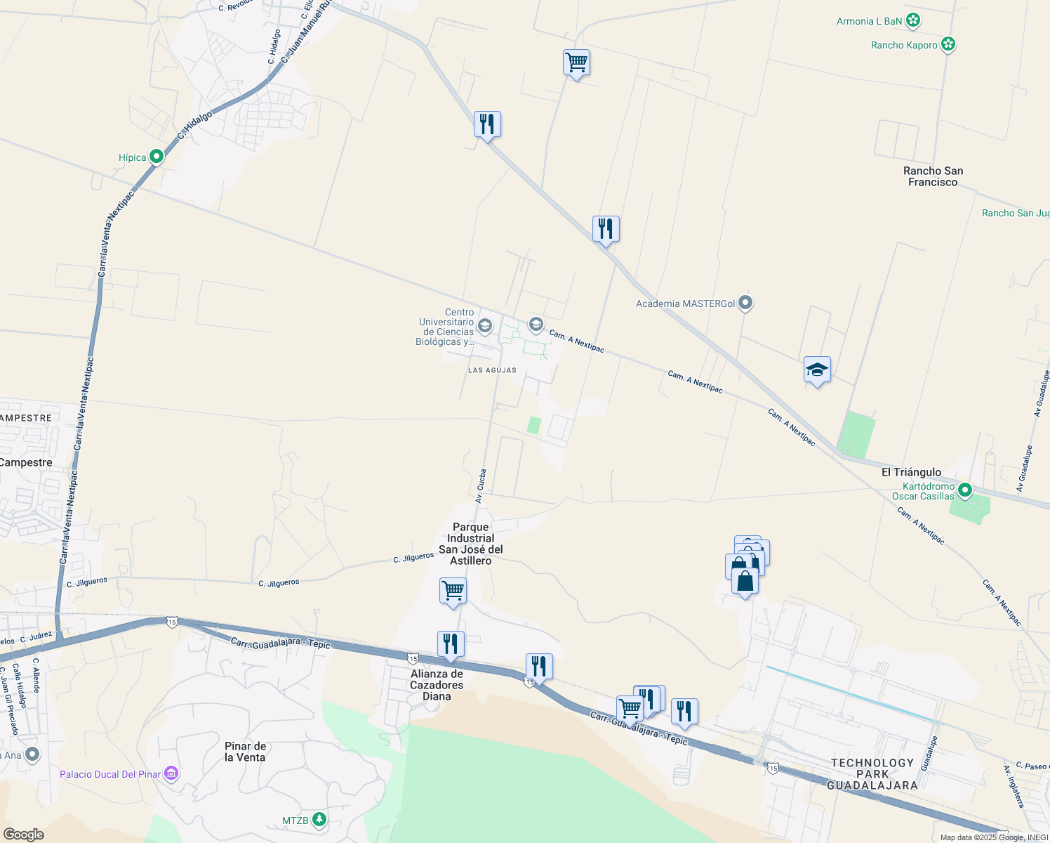 map of restaurants, bars, coffee shops, grocery stores, and more near Camino Ramón Padilla Sánchez in Zapopan