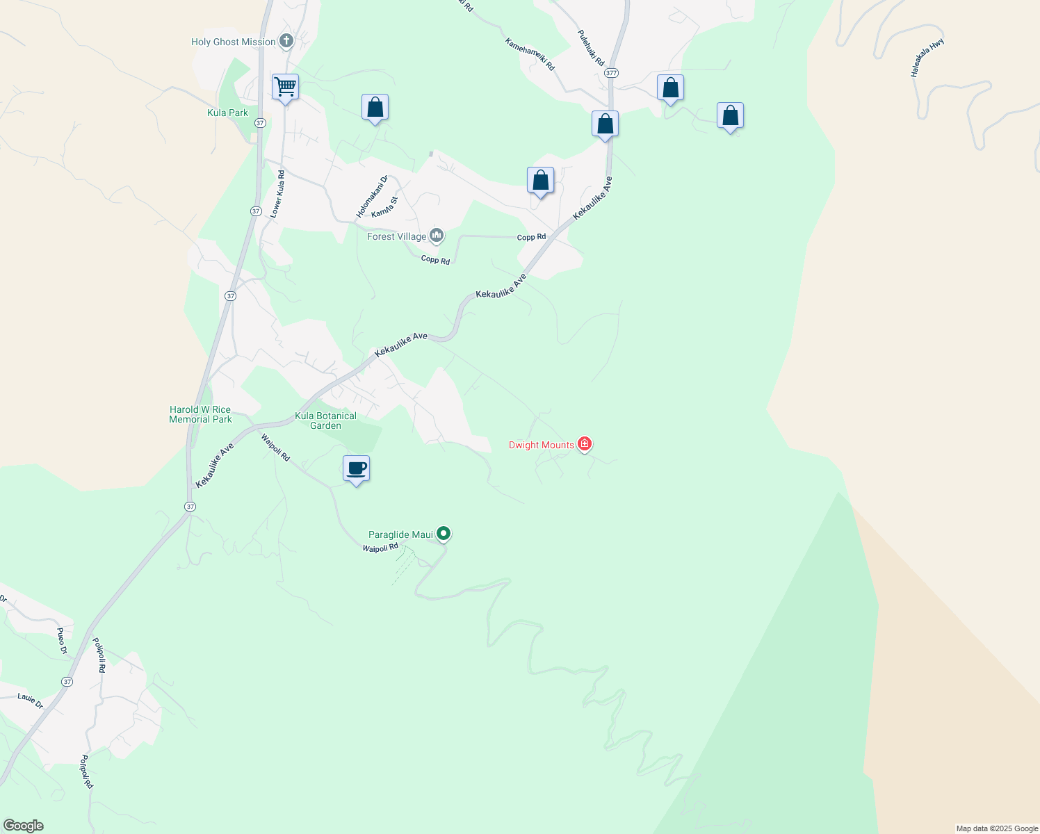 map of restaurants, bars, coffee shops, grocery stores, and more near 482 Waiakoa Road in Kula