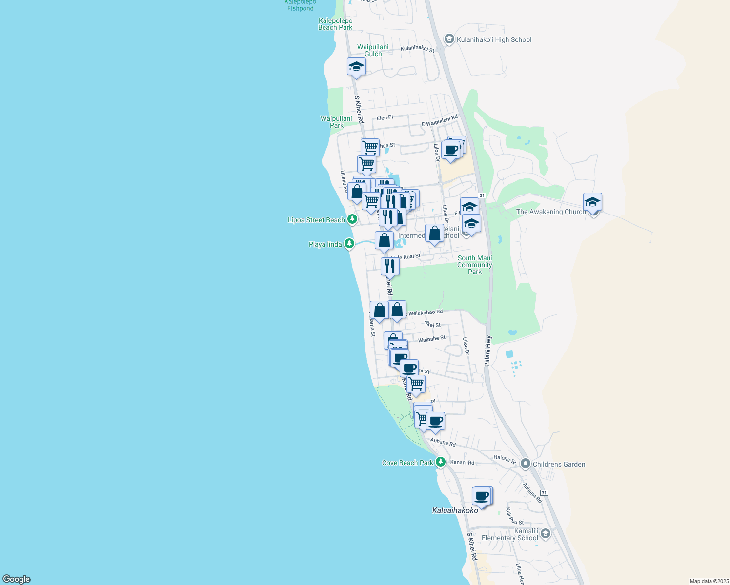 map of restaurants, bars, coffee shops, grocery stores, and more near 1536 Halama St in Kihei