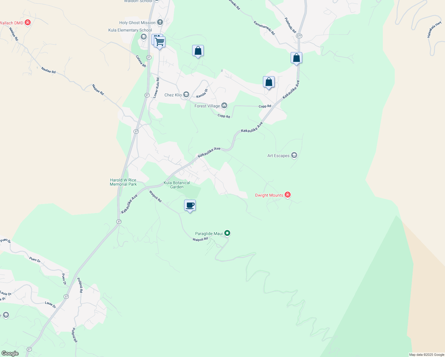 map of restaurants, bars, coffee shops, grocery stores, and more near 303 Alae Road in Kula