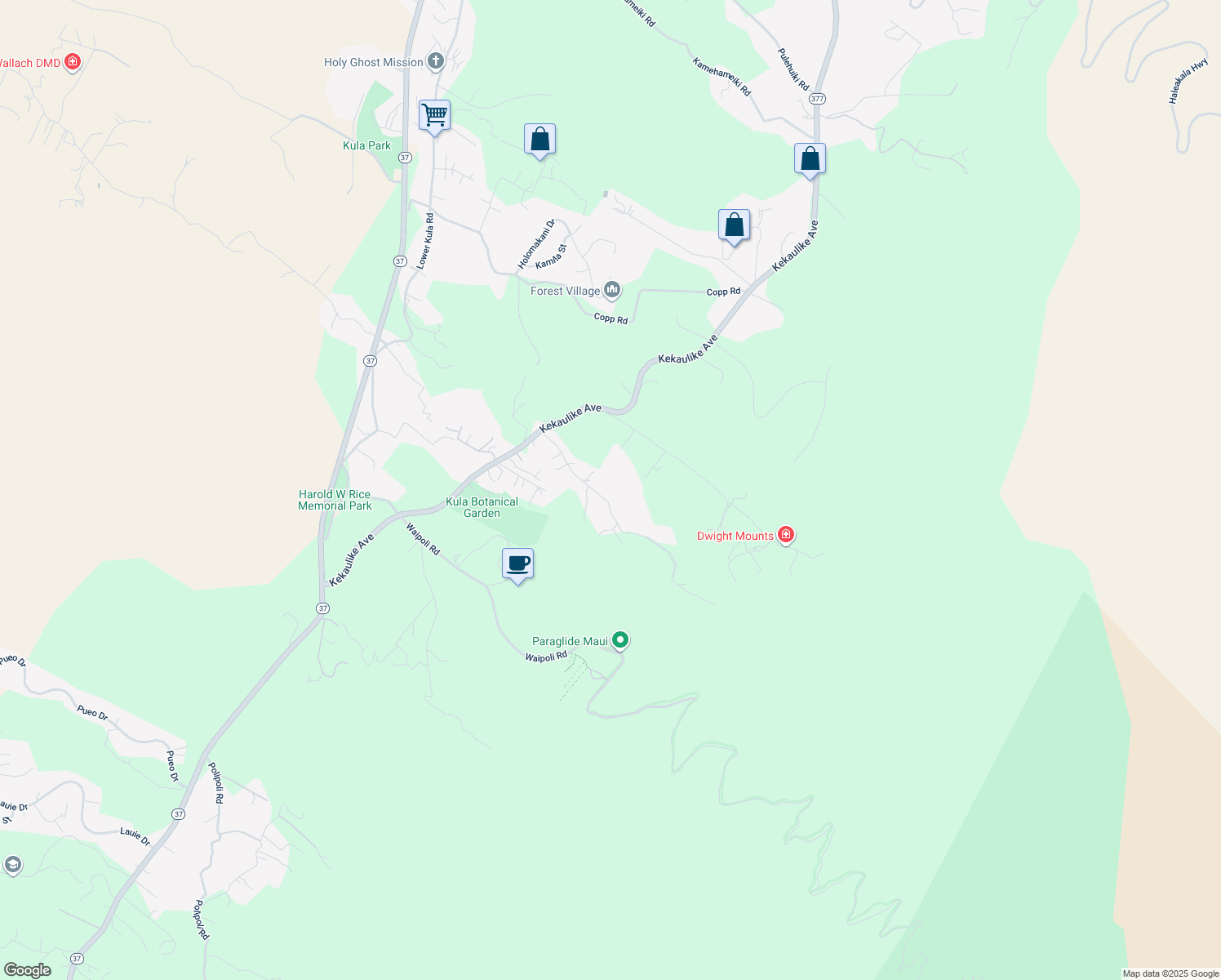 map of restaurants, bars, coffee shops, grocery stores, and more near 303 Alae Road in Kula