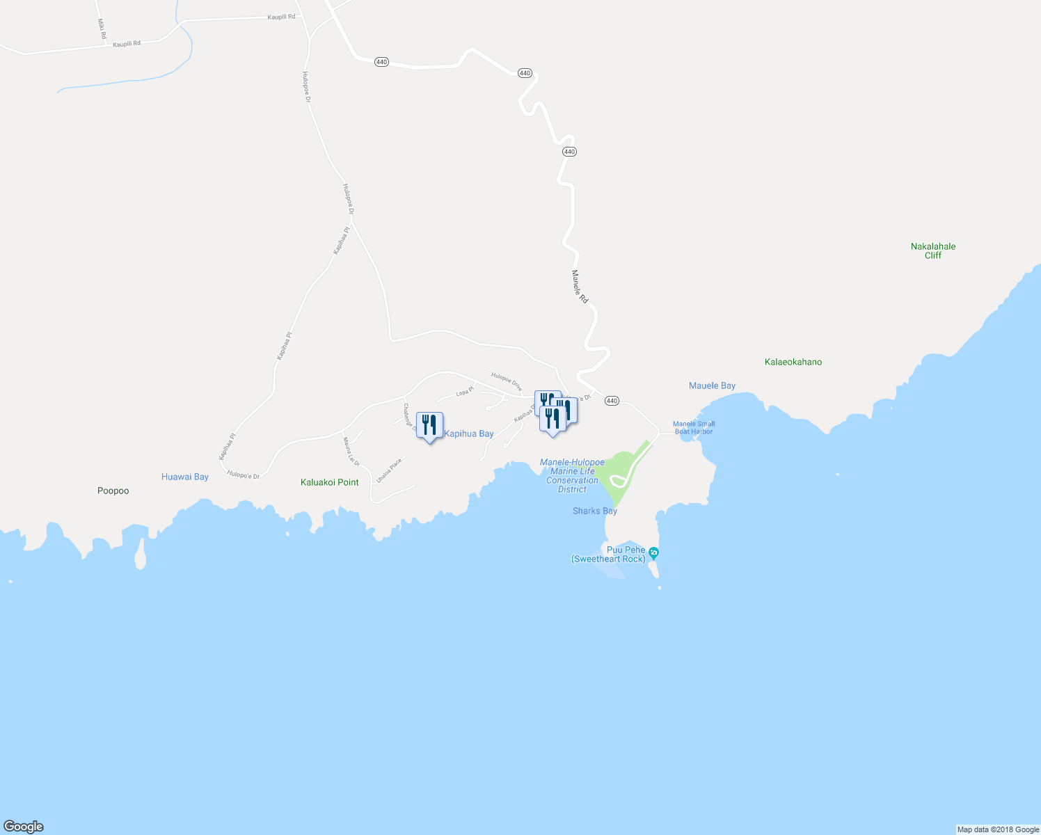 map of restaurants, bars, coffee shops, grocery stores, and more near 75 Kapihaa Drive in Lanai City