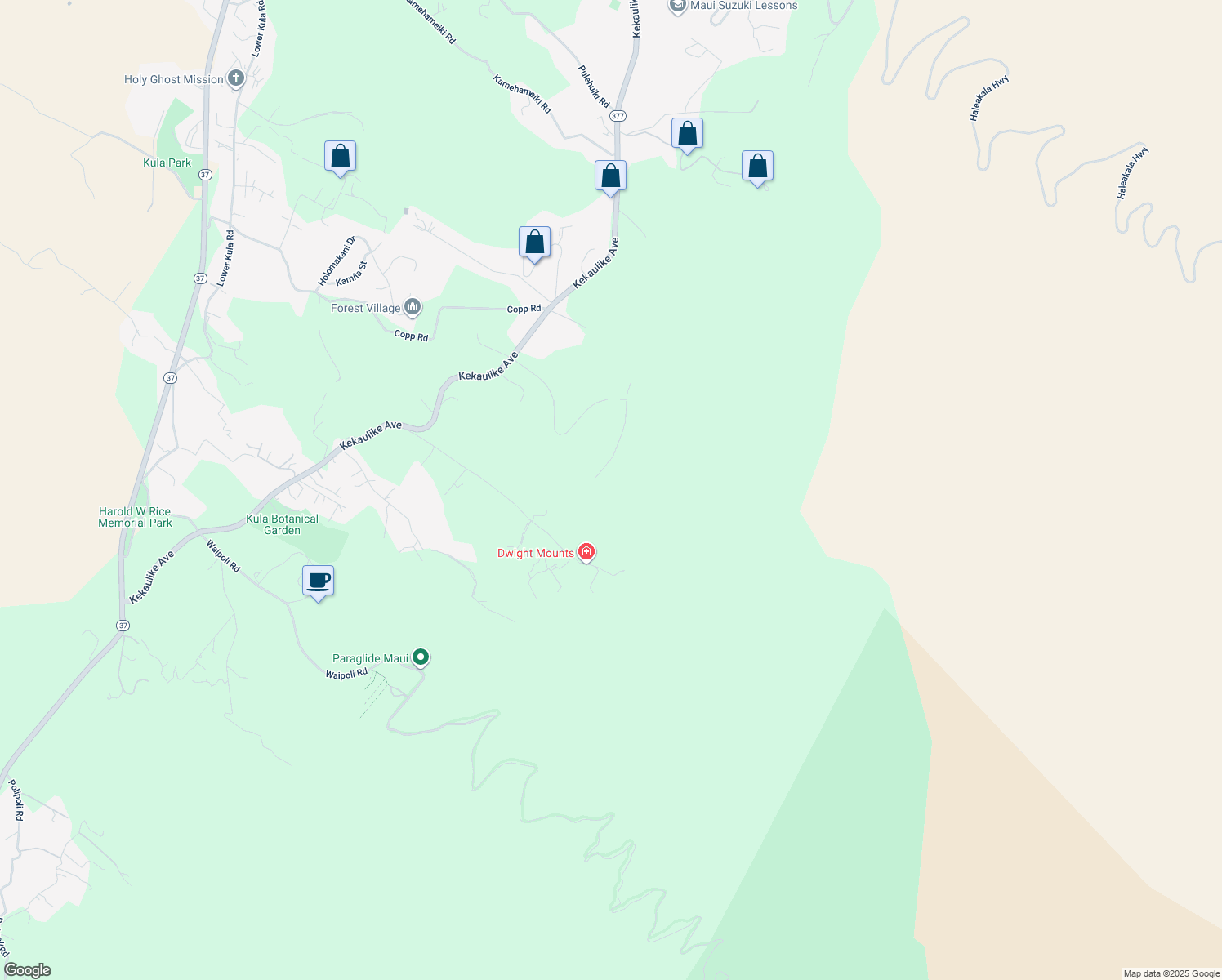 map of restaurants, bars, coffee shops, grocery stores, and more near 83 Ululani Street in Kula