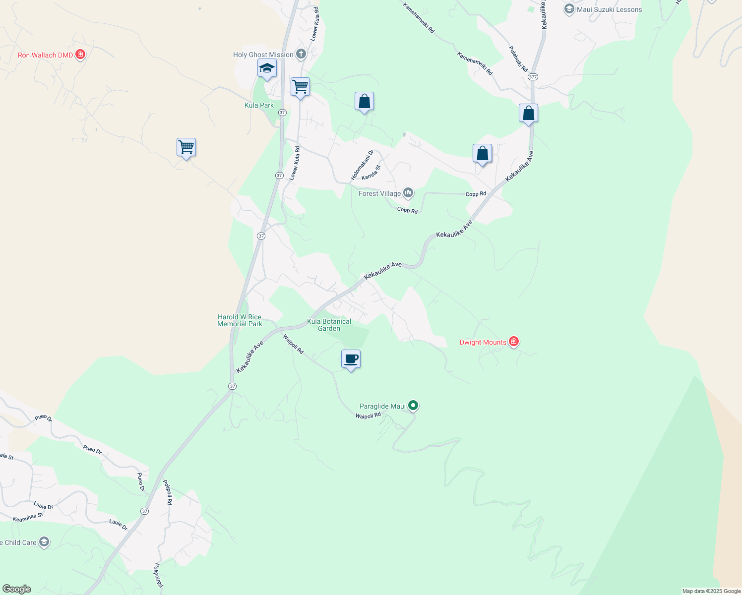 map of restaurants, bars, coffee shops, grocery stores, and more near 94 Alae Rd in Kula