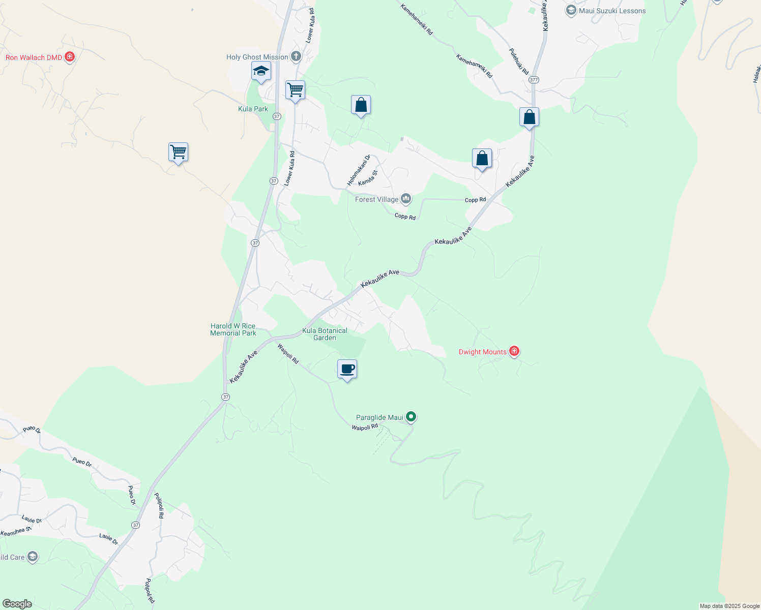map of restaurants, bars, coffee shops, grocery stores, and more near 115 Alae Road in Kula