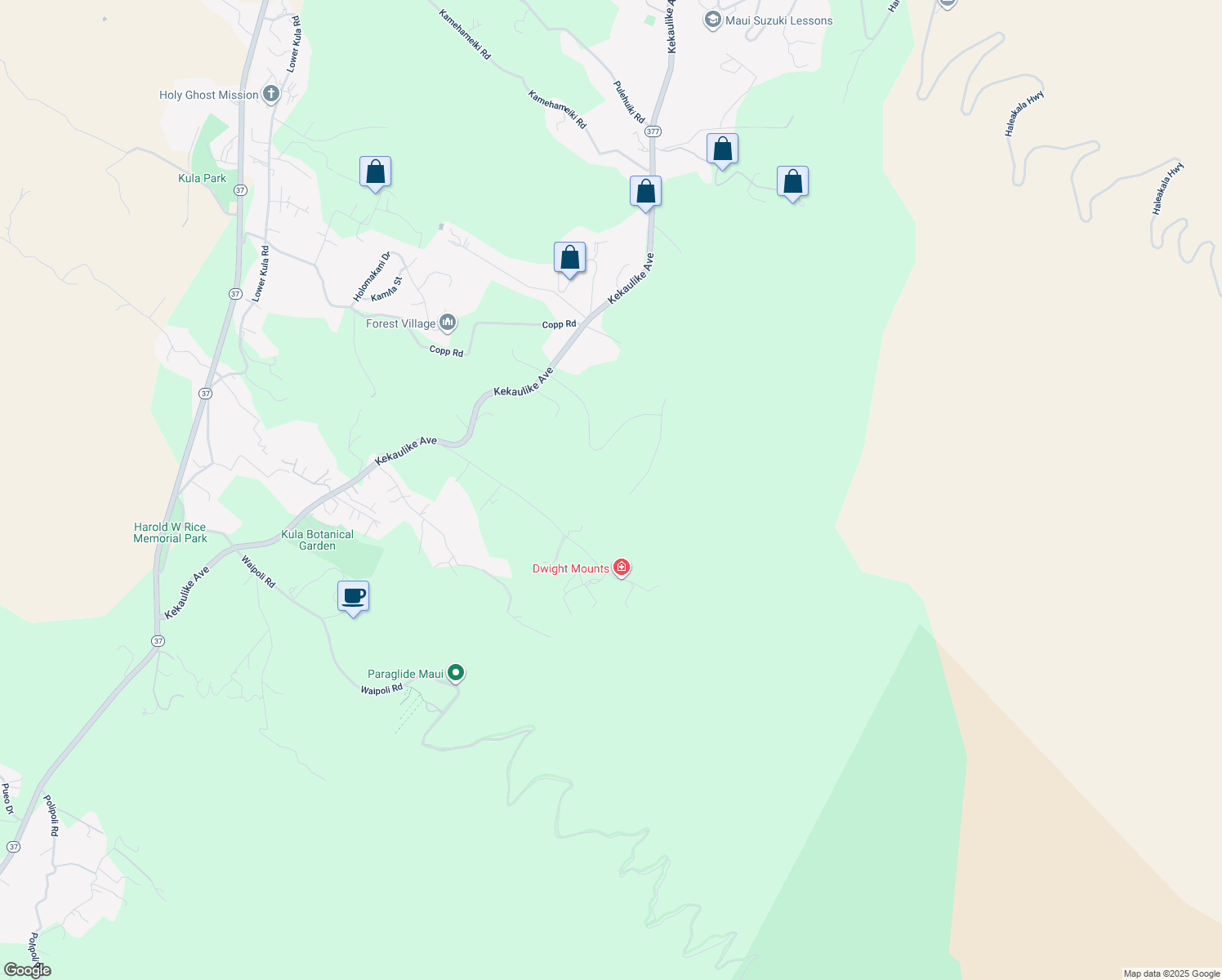 map of restaurants, bars, coffee shops, grocery stores, and more near 100 Ululani Street in Kula