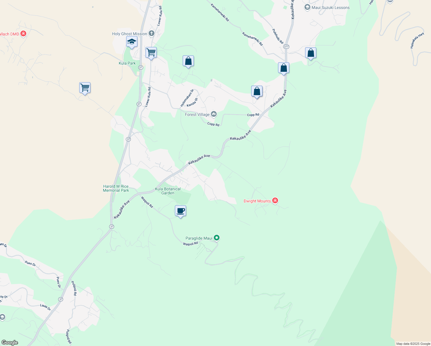 map of restaurants, bars, coffee shops, grocery stores, and more near 160 Waiakoa Road in Kula
