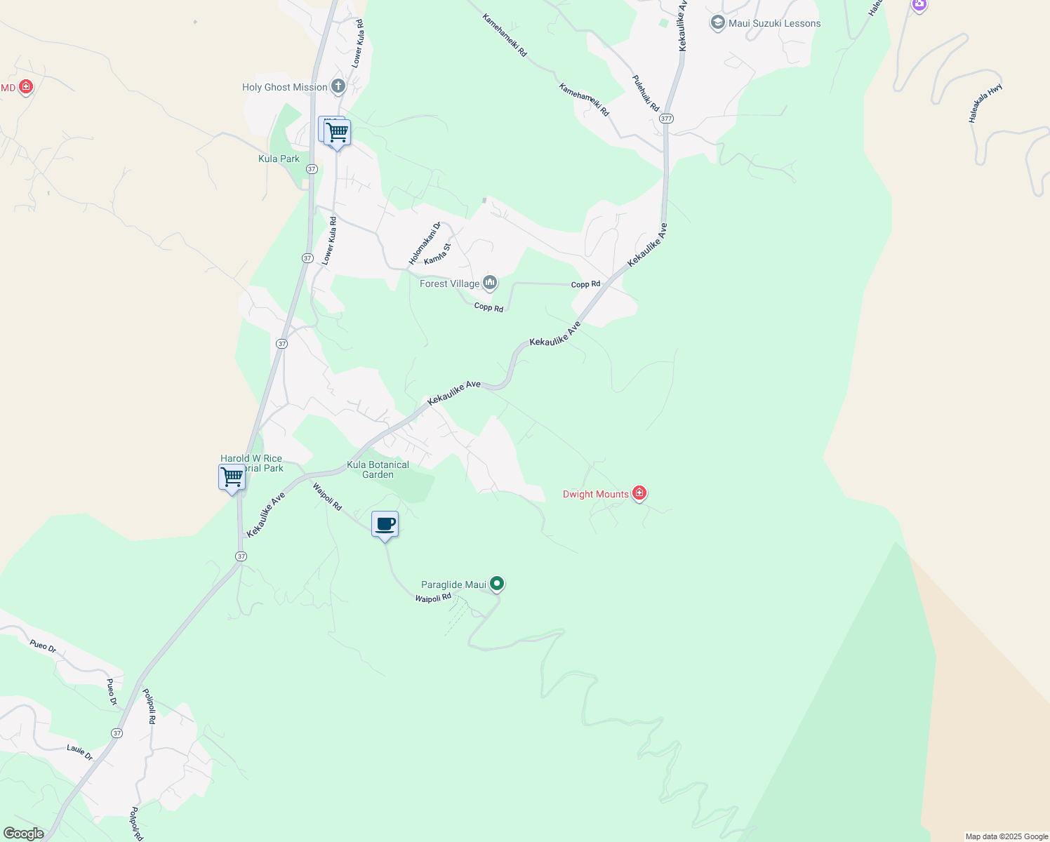 map of restaurants, bars, coffee shops, grocery stores, and more near 15 Waiakoa Place in Kula