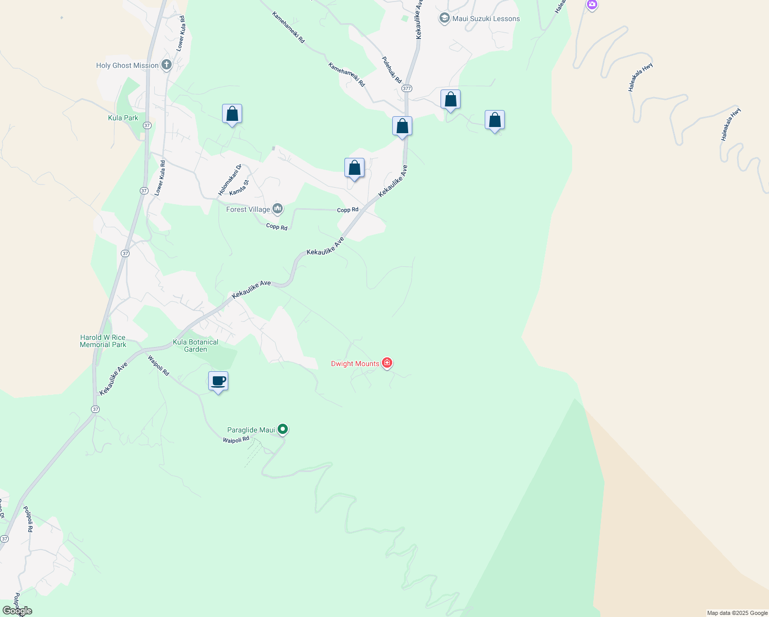 map of restaurants, bars, coffee shops, grocery stores, and more near 82 Ululani Street in Kula