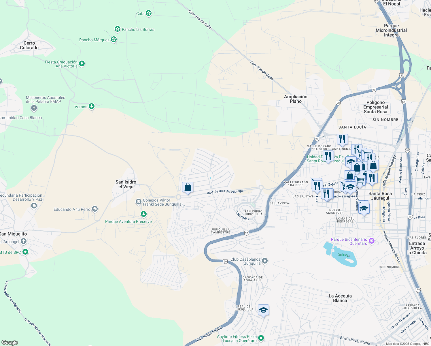 map of restaurants, bars, coffee shops, grocery stores, and more near in Juriquilla
