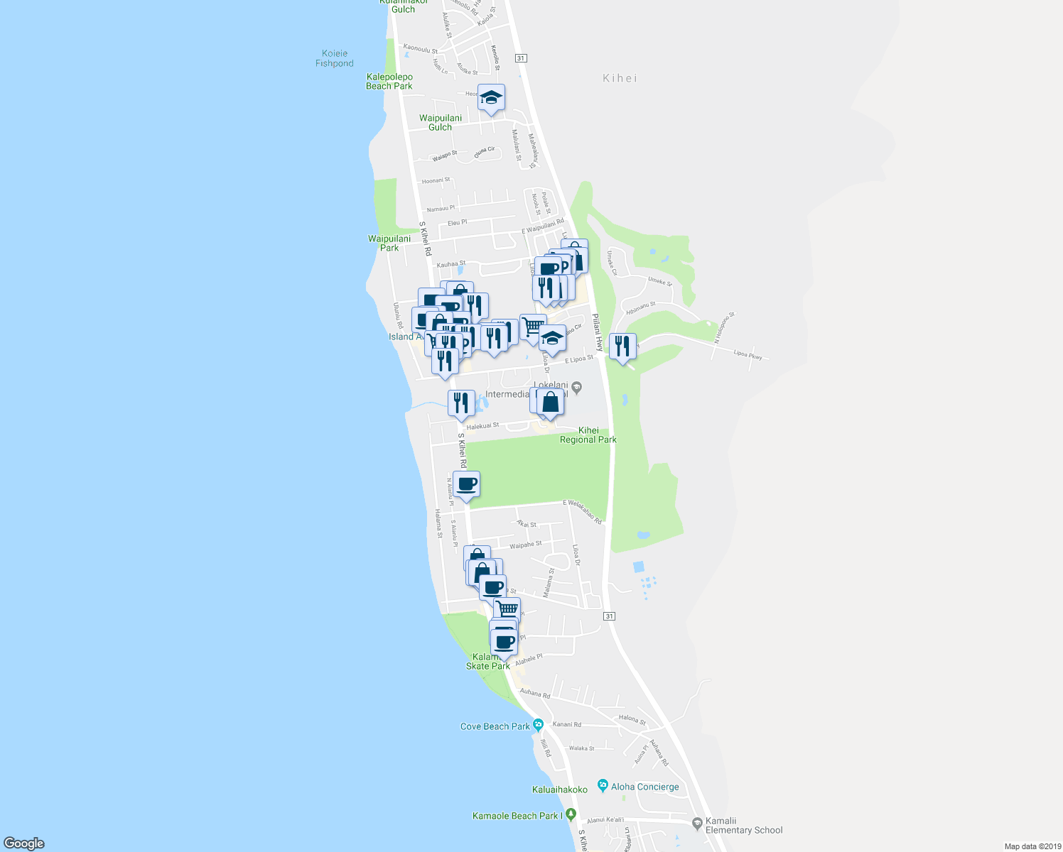 map of restaurants, bars, coffee shops, grocery stores, and more near 138 Kio Loop in Kihei
