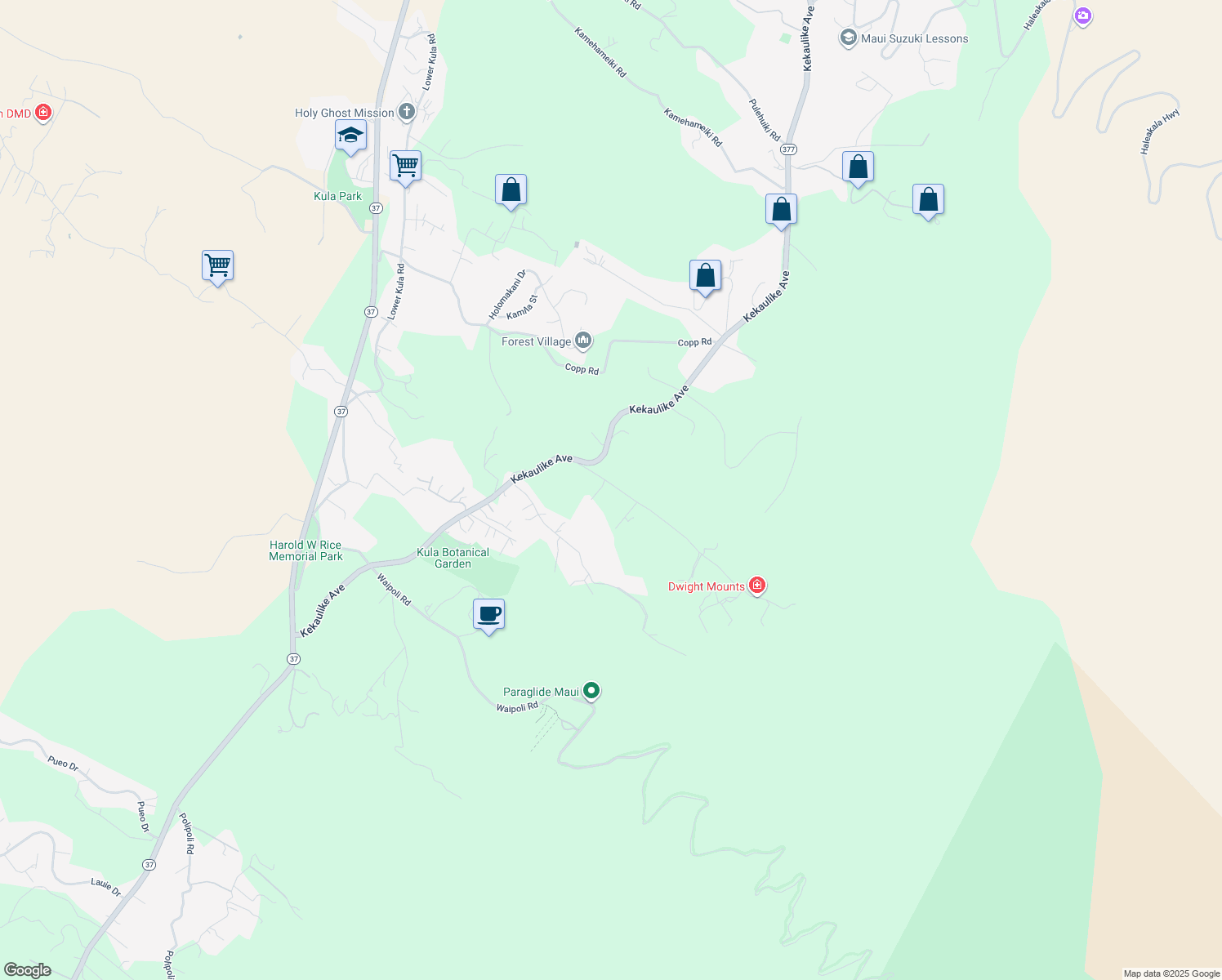 map of restaurants, bars, coffee shops, grocery stores, and more near 180 Waiakoa Road in Kula
