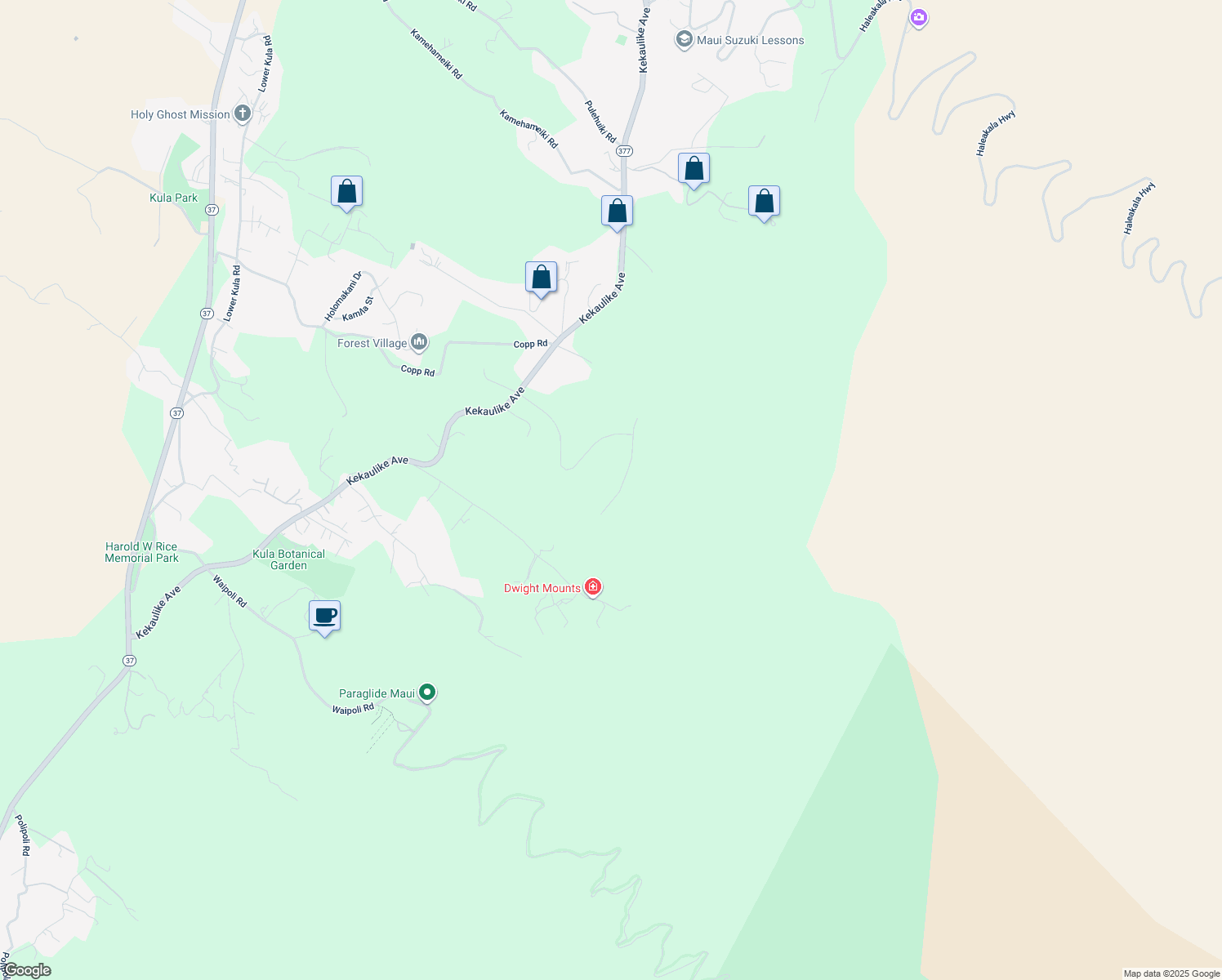 map of restaurants, bars, coffee shops, grocery stores, and more near 62 Ululani Street in Kula