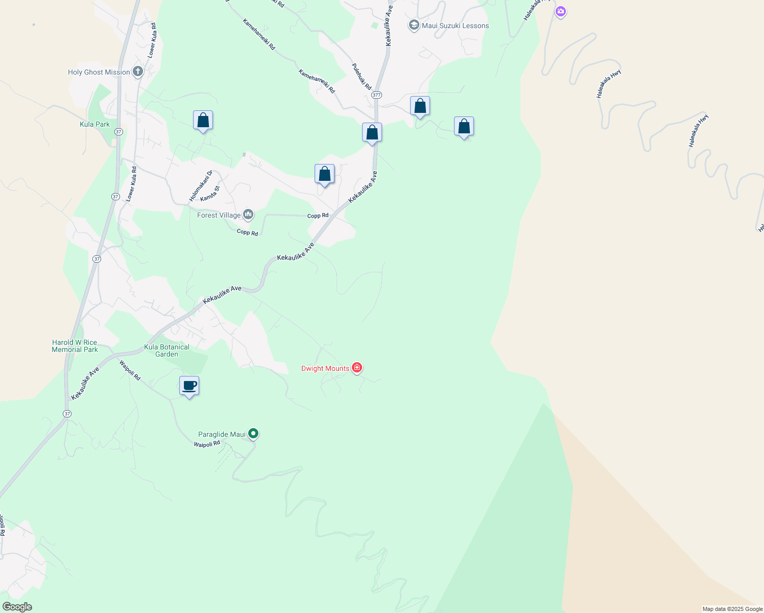 map of restaurants, bars, coffee shops, grocery stores, and more near 59 Ululani Street in Kula
