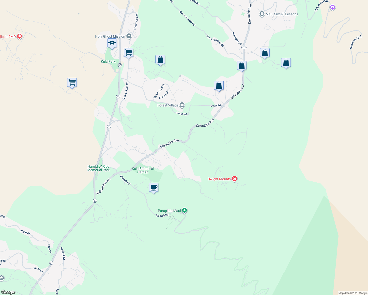 map of restaurants, bars, coffee shops, grocery stores, and more near 0 Waiakoa Road in Kula