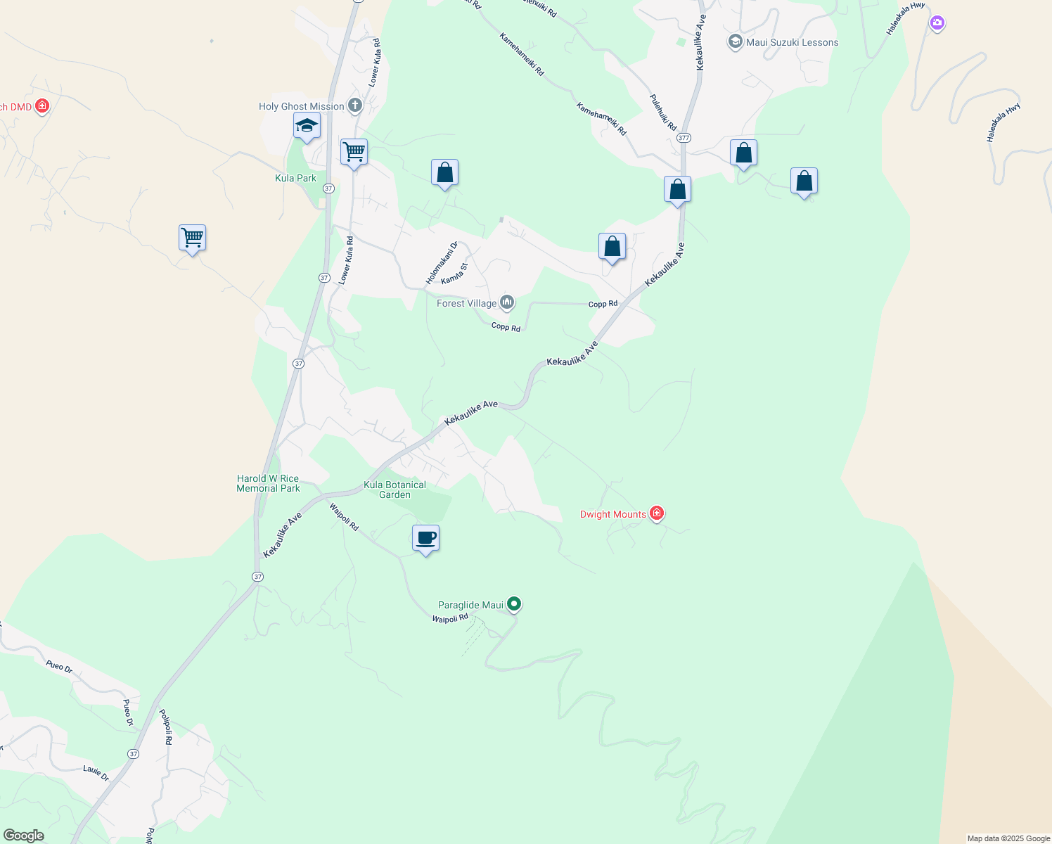 map of restaurants, bars, coffee shops, grocery stores, and more near 0 Waiakoa Road in Kula