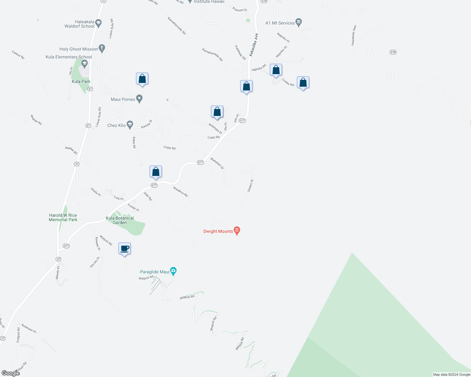 map of restaurants, bars, coffee shops, grocery stores, and more near 74 Wahelani Street in Kula