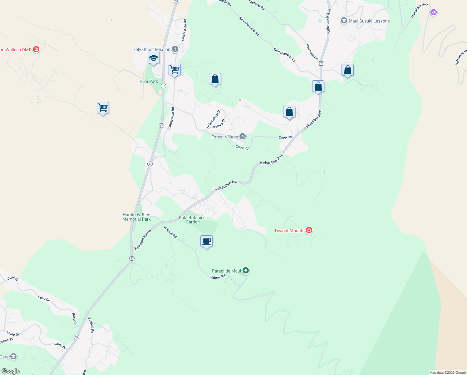 map of restaurants, bars, coffee shops, grocery stores, and more near 0 Kekaulike Avenue in Kula