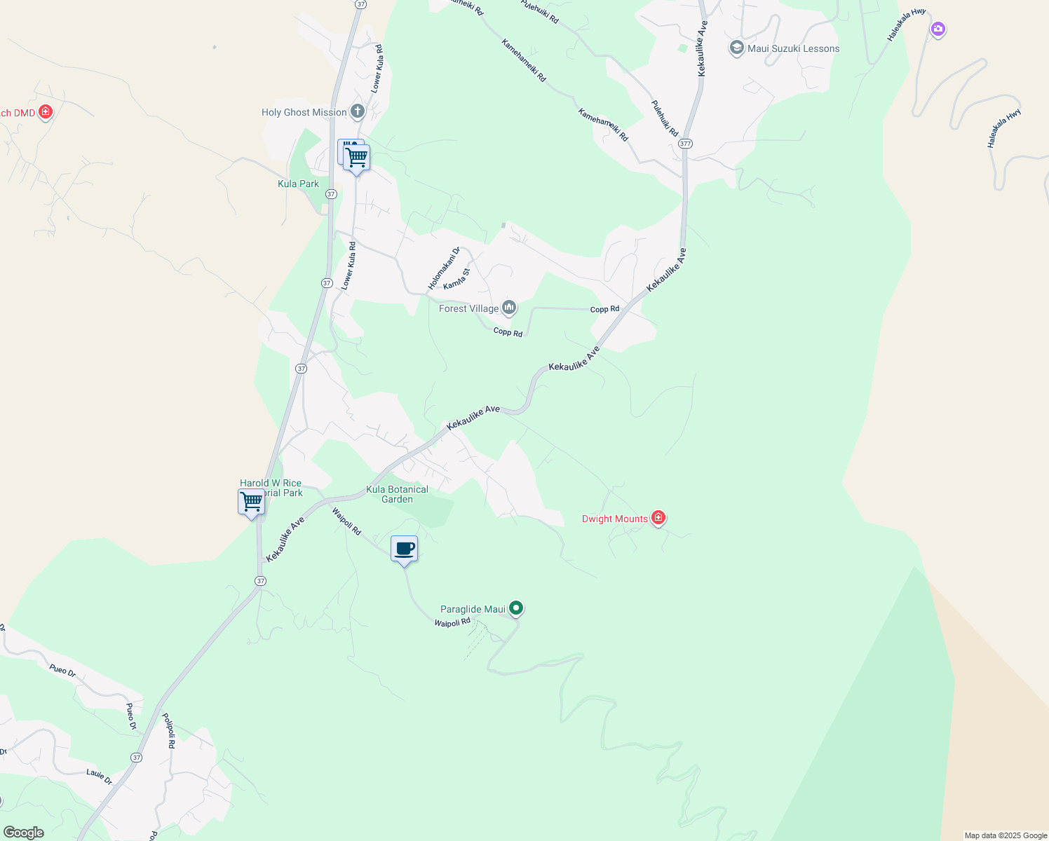 map of restaurants, bars, coffee shops, grocery stores, and more near 91 Waiakoa Road in Kula