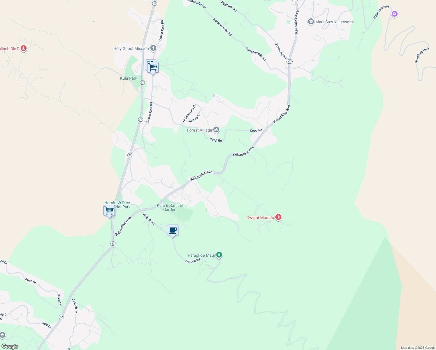 map of restaurants, bars, coffee shops, grocery stores, and more near 91 Waiakoa Road in Kula