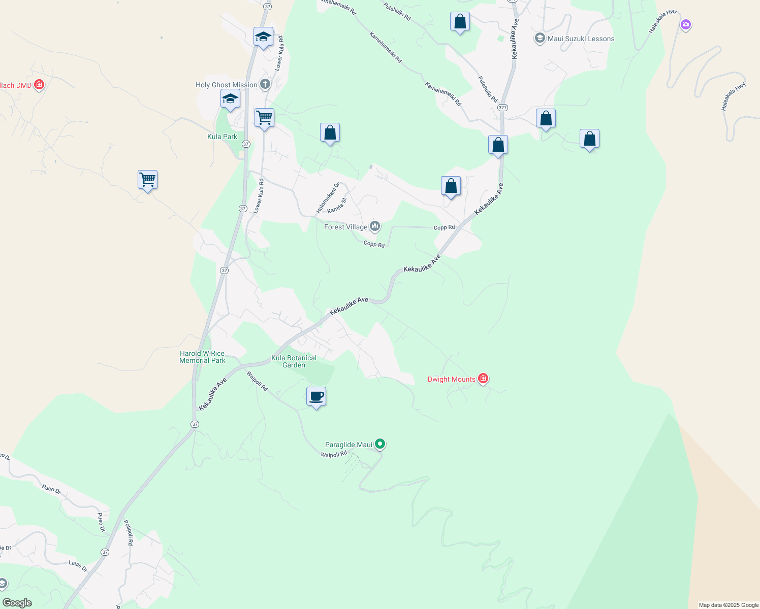 map of restaurants, bars, coffee shops, grocery stores, and more near 91 Waiakoa Road in Kula