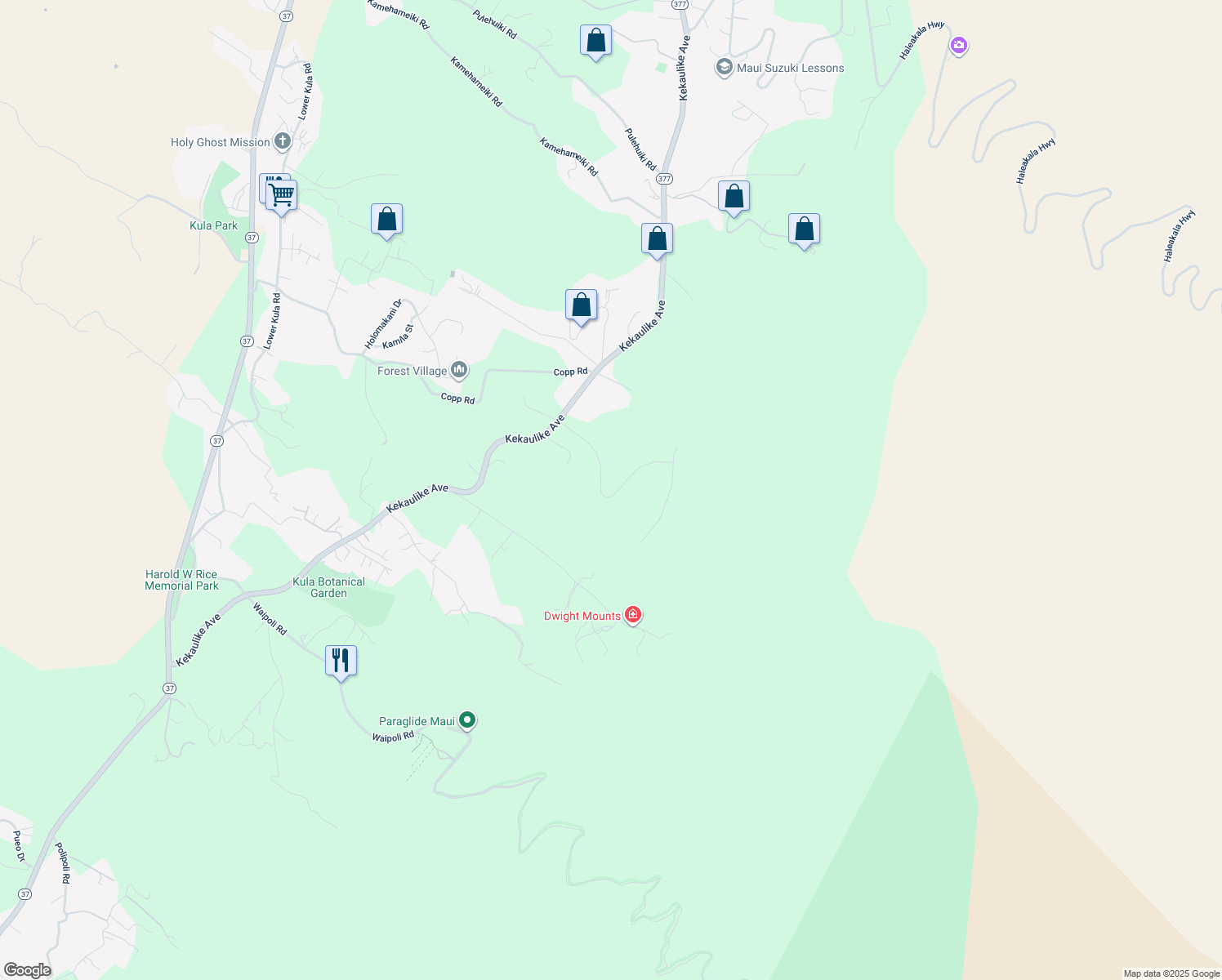 map of restaurants, bars, coffee shops, grocery stores, and more near 57 Wahelani Street in Kula