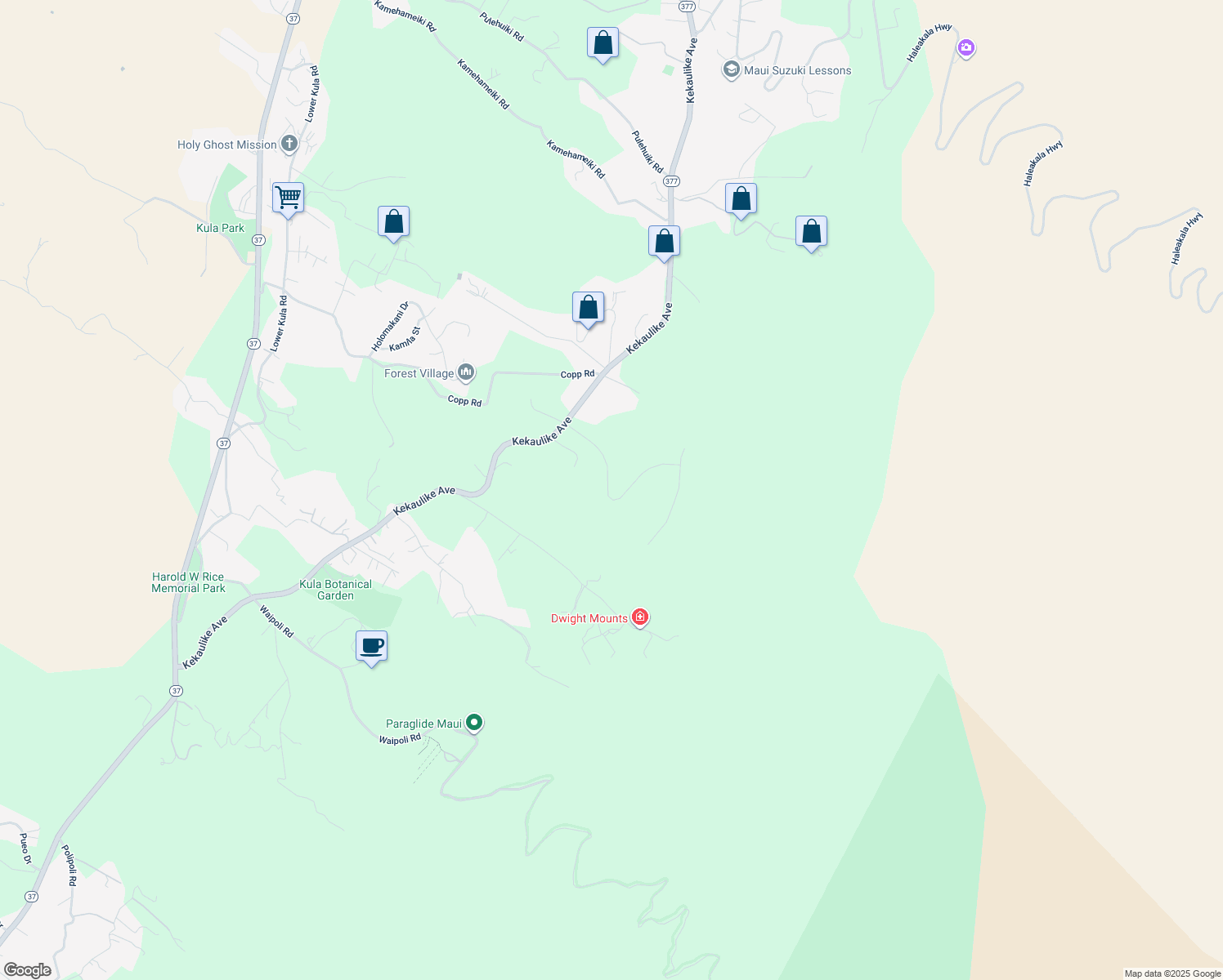 map of restaurants, bars, coffee shops, grocery stores, and more near 57 Wahelani Street in Kula