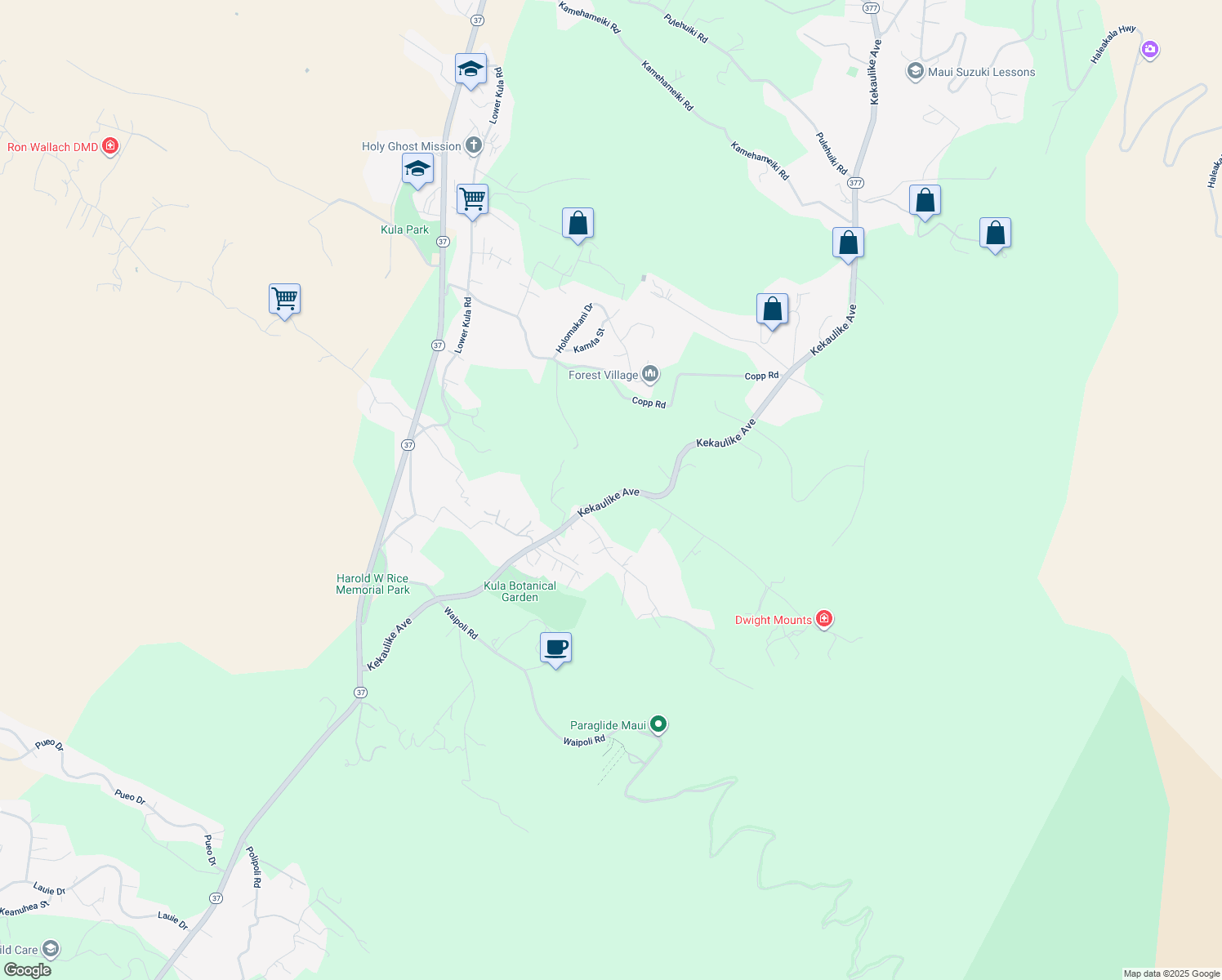 map of restaurants, bars, coffee shops, grocery stores, and more near 1069 Kekaulike Avenue in Kula
