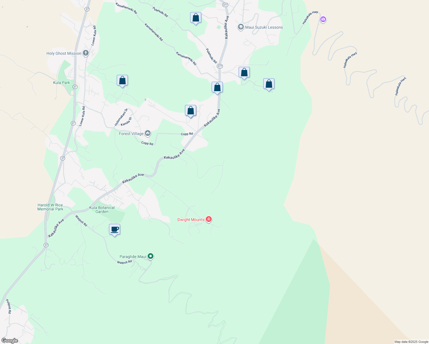 map of restaurants, bars, coffee shops, grocery stores, and more near 98 Wahelani Street in Kula