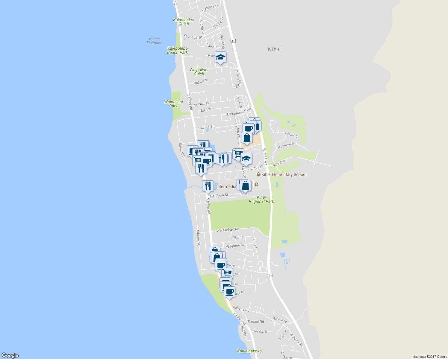 map of restaurants, bars, coffee shops, grocery stores, and more near 32 Kupalaiki Loop in Kihei
