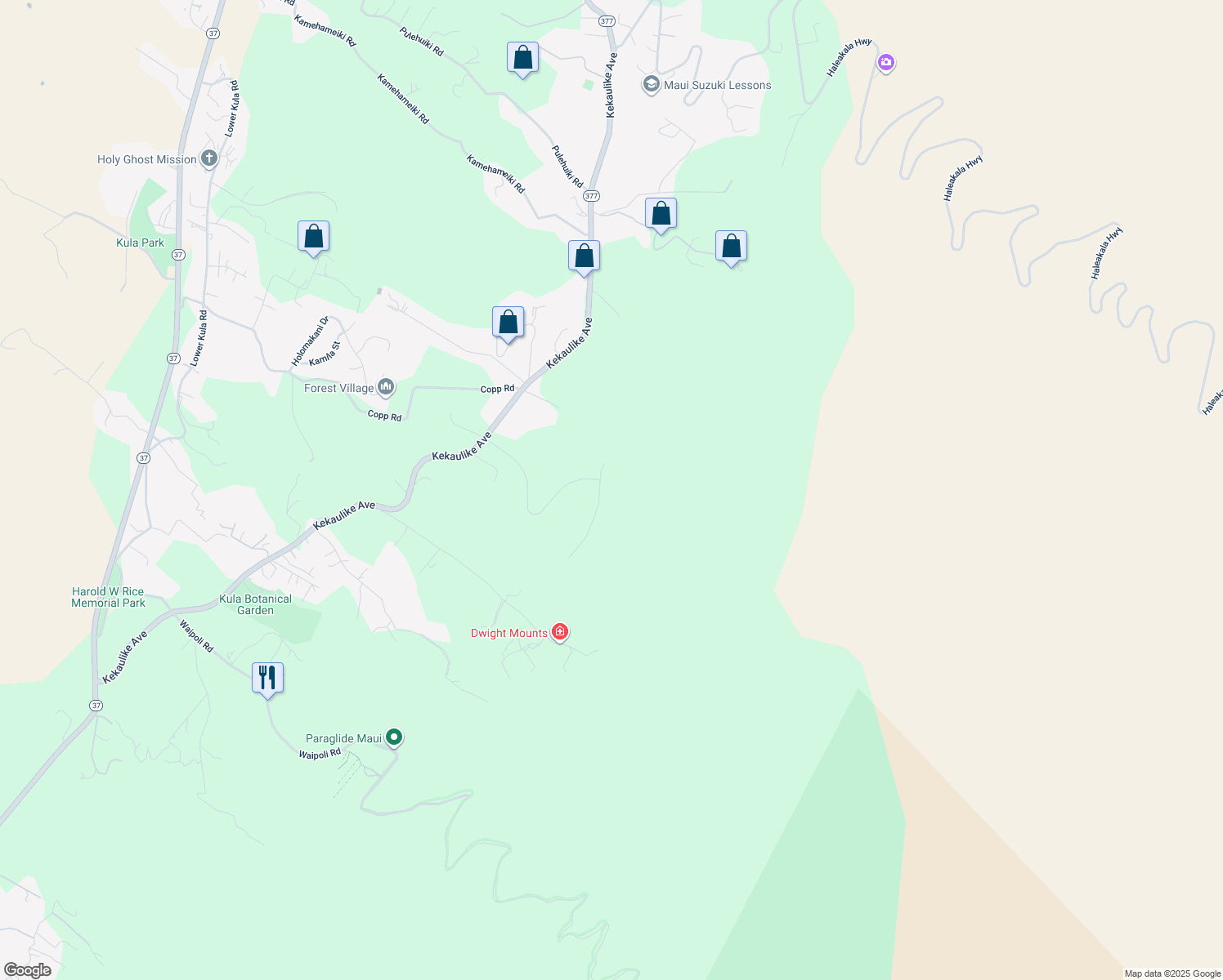map of restaurants, bars, coffee shops, grocery stores, and more near 35 Ululani Street in Kula
