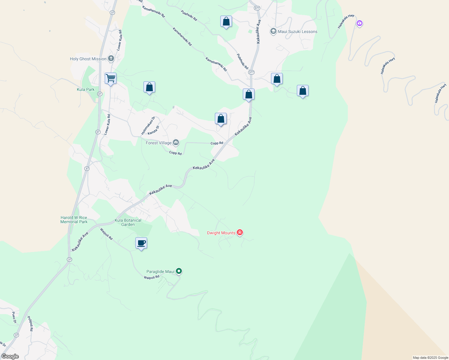 map of restaurants, bars, coffee shops, grocery stores, and more near 30 Wahelani Street in Kula