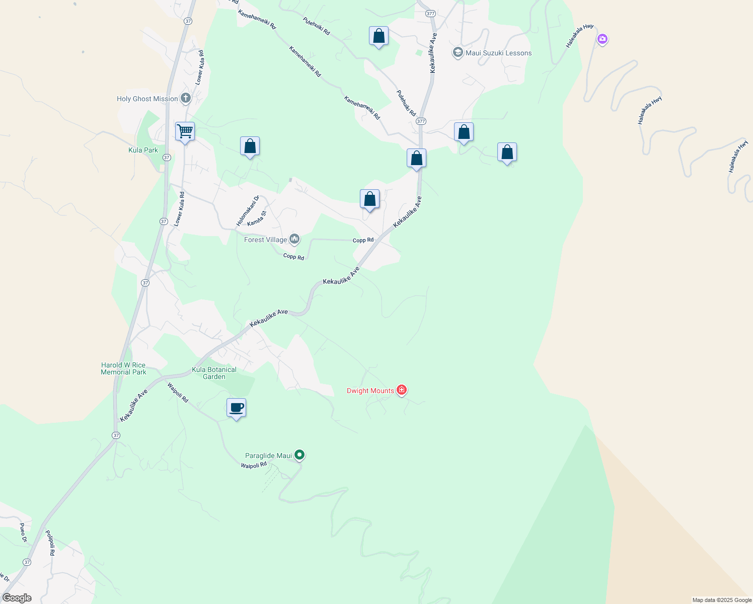 map of restaurants, bars, coffee shops, grocery stores, and more near 30 Wahelani Street in Kula