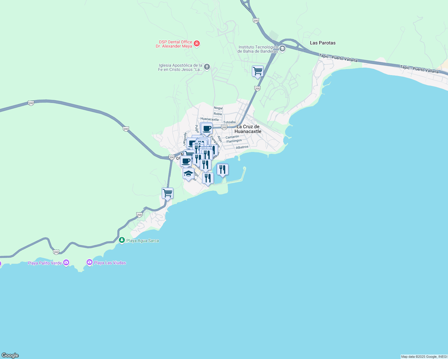 map of restaurants, bars, coffee shops, grocery stores, and more near 39 Marlin in Cruz de Huanacaxtle