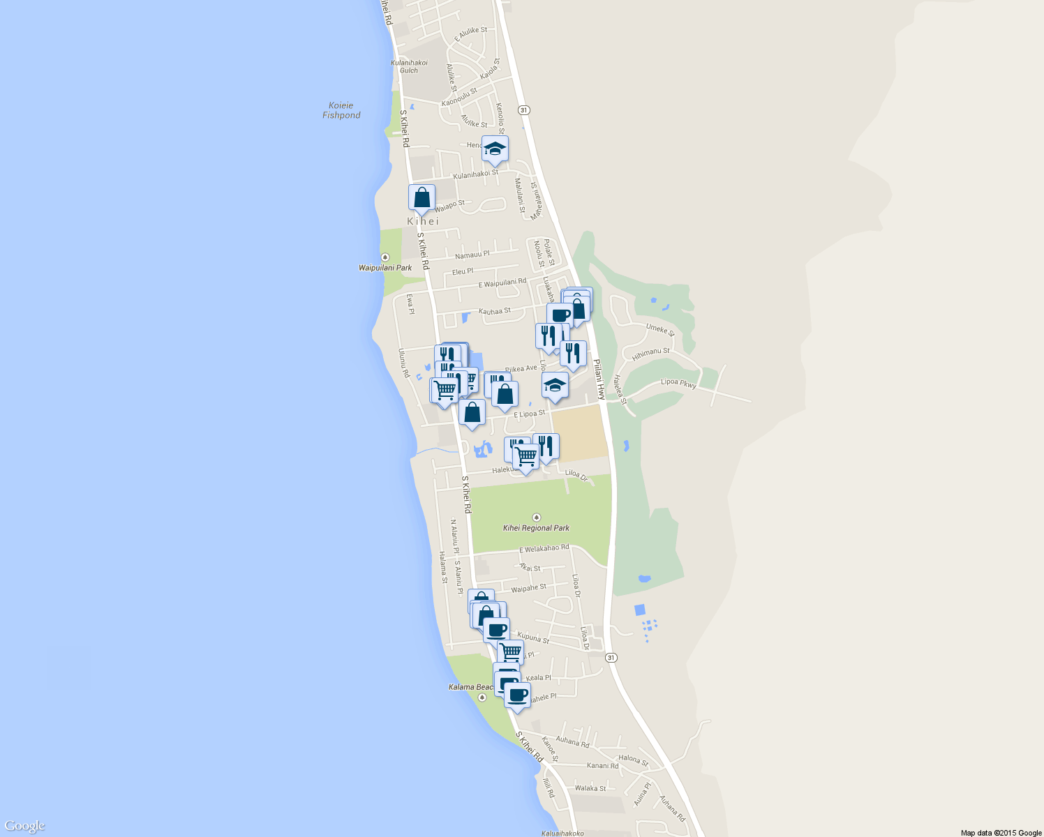 map of restaurants, bars, coffee shops, grocery stores, and more near 138 East Lipoa Street in Kihei