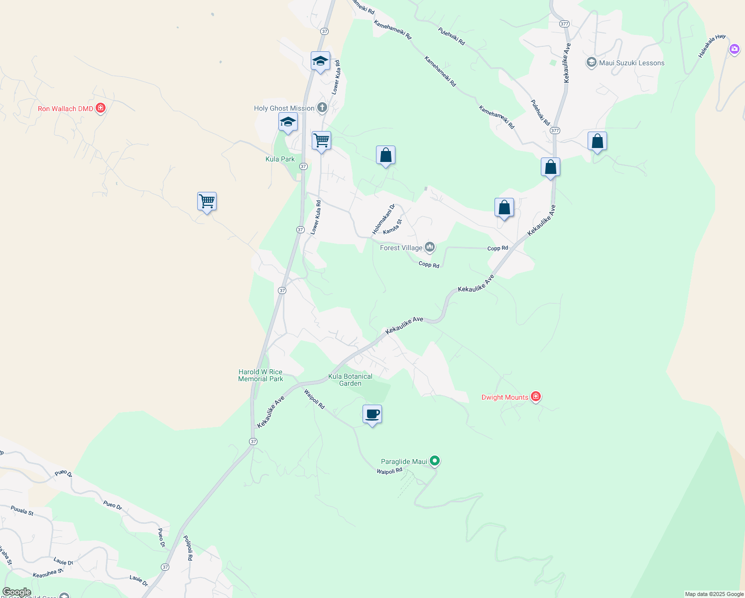 map of restaurants, bars, coffee shops, grocery stores, and more near 280 Kepa Road in Kula