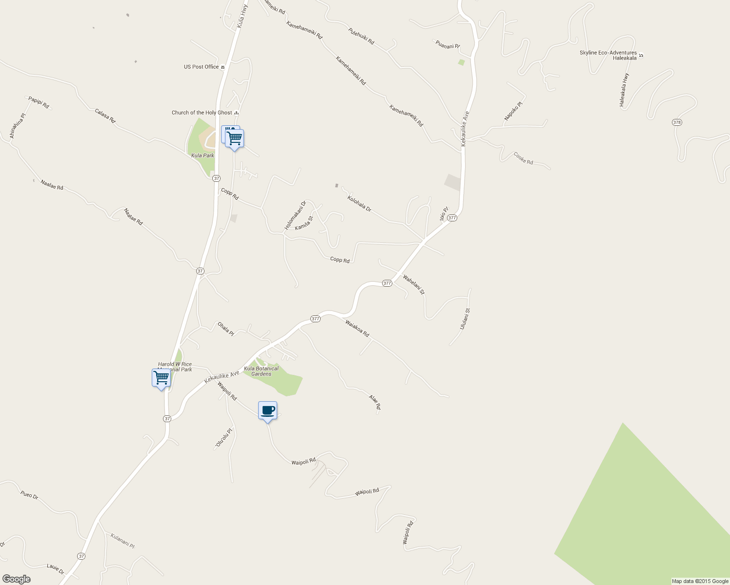 map of restaurants, bars, coffee shops, grocery stores, and more near 1440 Kekaulike Avenue in Kula