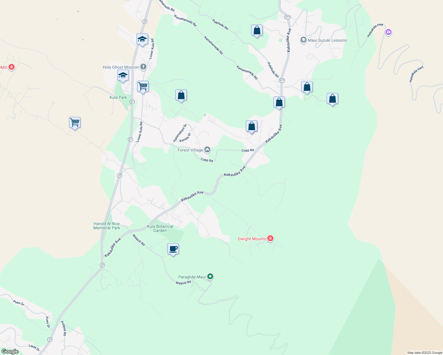 map of restaurants, bars, coffee shops, grocery stores, and more near 1440 Kekaulike Avenue in Kula