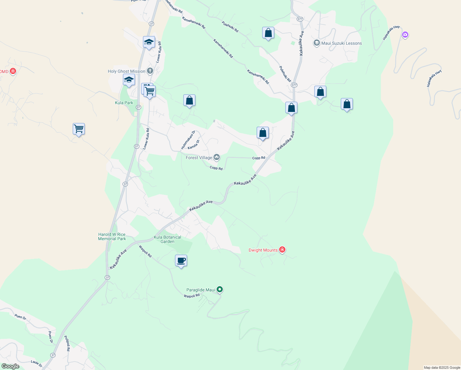 map of restaurants, bars, coffee shops, grocery stores, and more near Kekaulike Avenue in Kula
