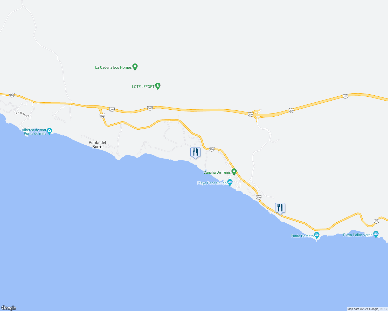 map of restaurants, bars, coffee shops, grocery stores, and more near Carretera Federal la Cruz de Huanacaxtle - Punta de Mita in Punta de Mita