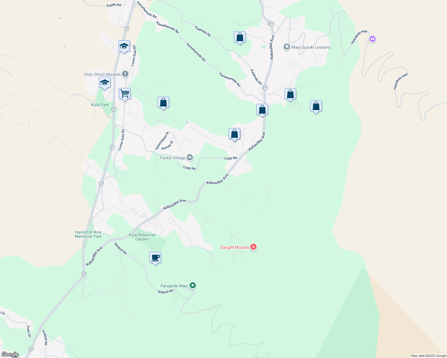 map of restaurants, bars, coffee shops, grocery stores, and more near 1555 Kekaulike Avenue in Kula